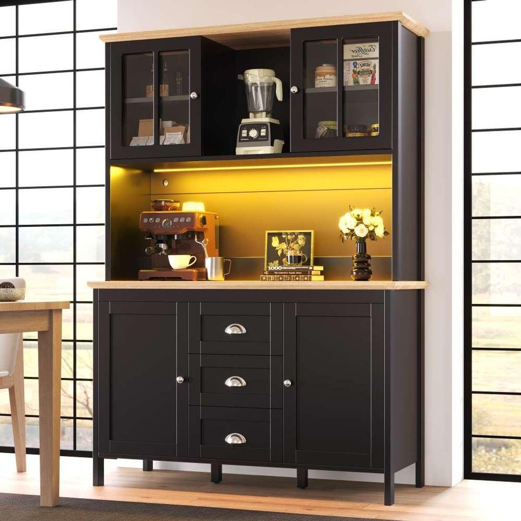 Moderner Hoher Küchenschrank mit LED-Beleuchtung, 4 Türen, 3 Schubladen, Seitenschrank,Aufbewahrungsschrank,Maße: 120x40x179cm,Schwarz
