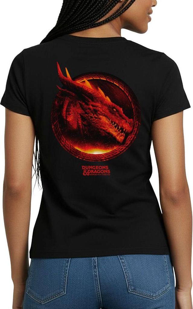 Spreadshirt Dungeons & Dragons DND Roter Drachenkopf Backprint Frauen T-Shirt, L, Schwarz