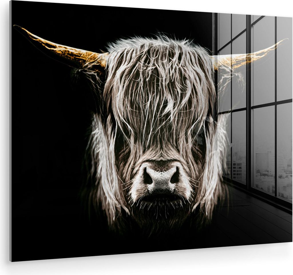 MuchoWow Glasbilder - Bilder auf Wandbild - Foto auf Glas Schottisches Hochlandrind - Gold - Hörner - Schwarz und weiß - Kuh - Tiere 80x60 cm Wan...