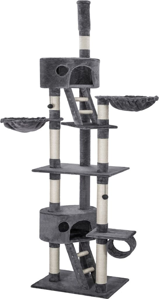 A tall, multi-level cat tree with various platforms, scratching posts, and a hammock.
