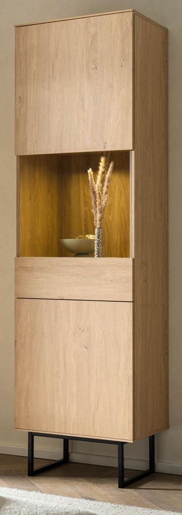 Vitrine "Breda" in Stone Eiche Vitrinenschrank 58 x 200 cm, mit Push-to-Open