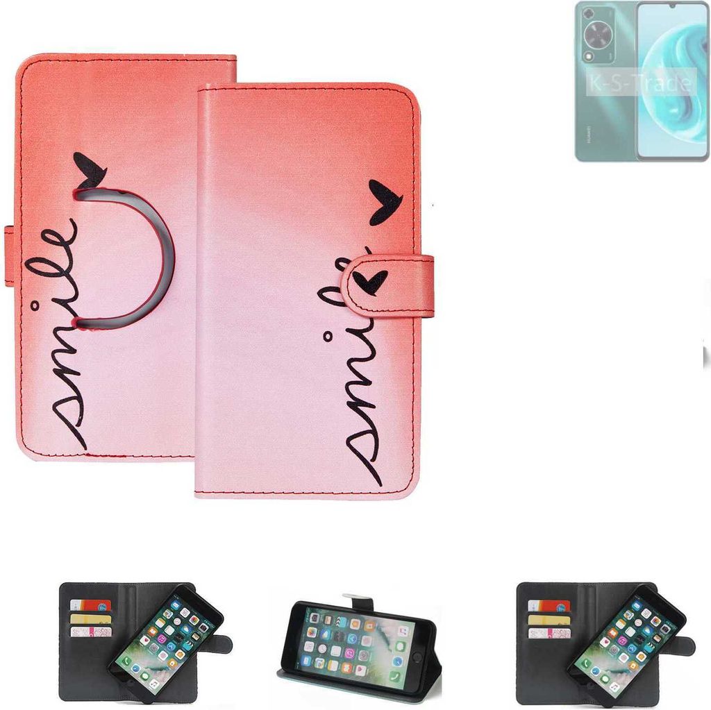 K-S-Trade Schutzhülle Handyhülle kompatibel mit Huawei Enjoy 70 Hülle cover bookstyle Etui ''smile'' rot Standfunktion Kameraschutz (1Stk)