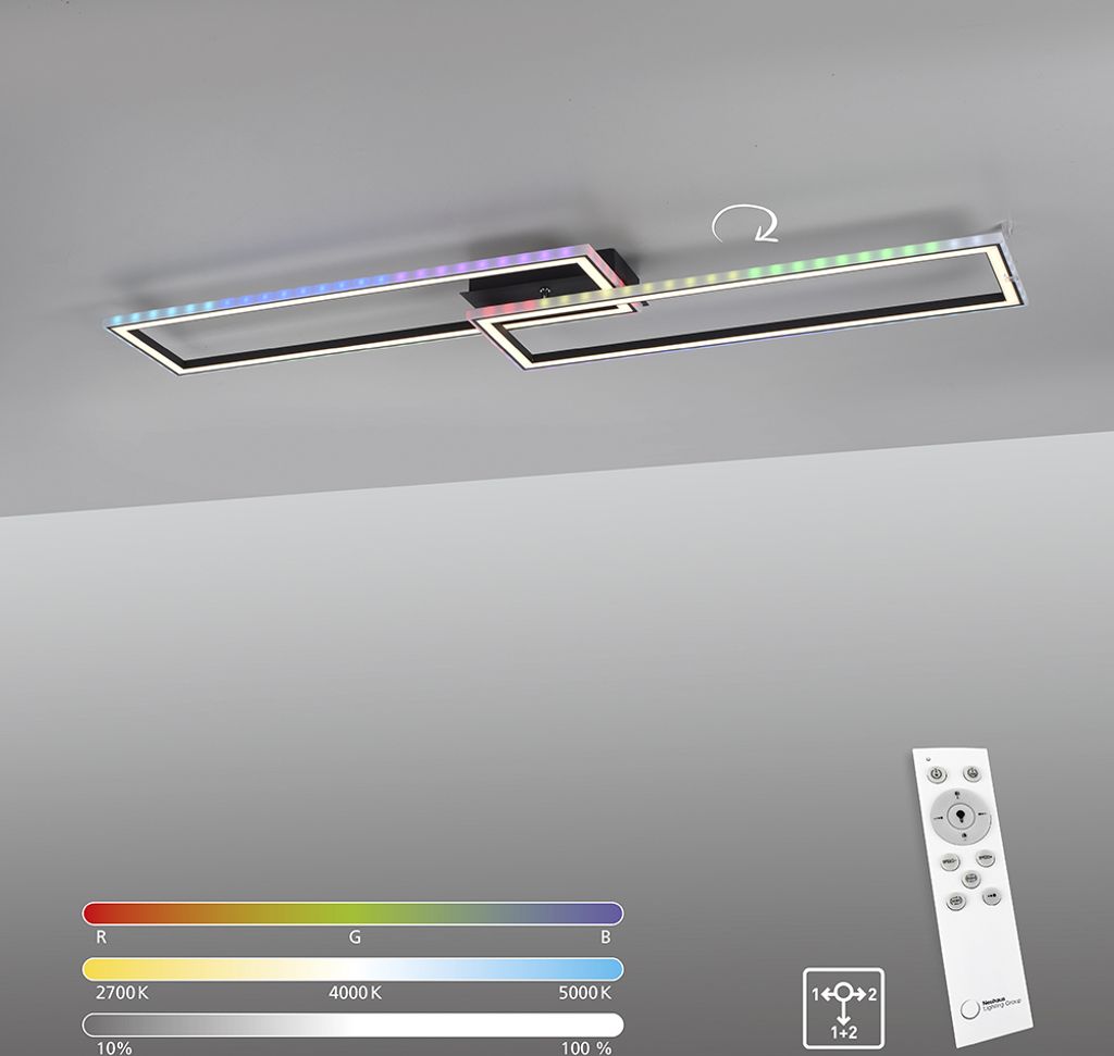 A modern LED ceiling light with multiple rectangular frames, displaying a spectrum of colors and a remote control.