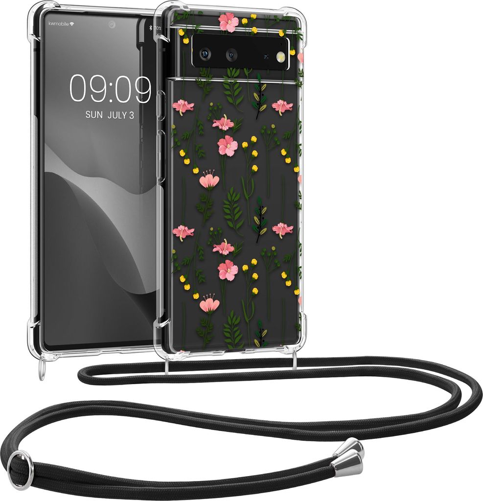 kwmobile Necklace Case kompatibel mit Google Pixel 6 Hülle - Silikon Cover mit Handykette - Rosa Grün Transparent Zarte Wildblumen