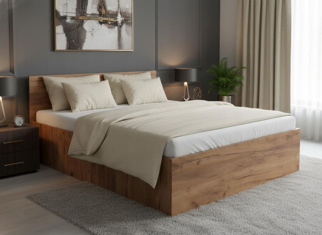 Komvortowy | Bett 120x200 Cm | Doppelbett Mit Metall-Lattenrost | EICHE CRAFT | Matratze 12 cm H3/H4 | Bettkasten Ohne Bodenplatte
