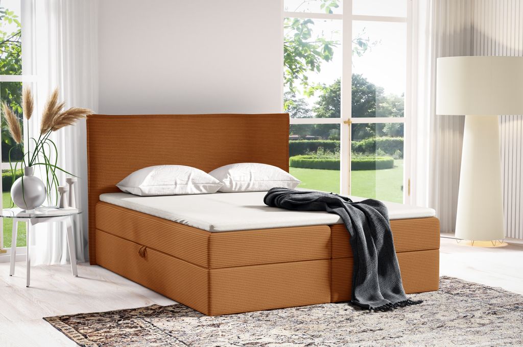 Boxspringbett 140x200 POSSO von ANTONIO mit Bettkästen und Topperr, Doppelbett mit Bonell Federkernmatratze, Härtegrad H4, Bezug - Cord in Orangerot
