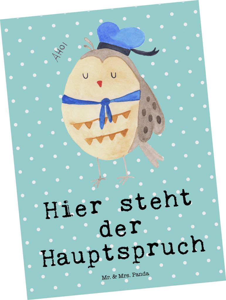Mr. & Mrs. Panda Postkarte Eule Matrose - Türkis Pastell - Geschenk, Grußkarte, Ansichtskarten, Heimathafen, Owl, Kapitän, Postkarten, bildkarte...