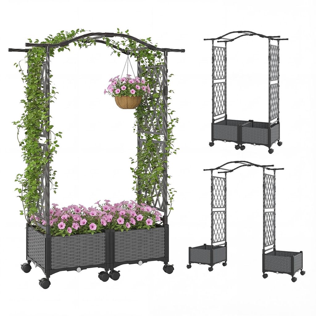 COSTWAY Blumenkasten, 2 in 1 Rosenbogen mit Rankgitter, hängendem Dach, 2 Pflanzkästen&Spalier, Gartenbogen auf Rollen, Metall&PP, Rankkasten Grau