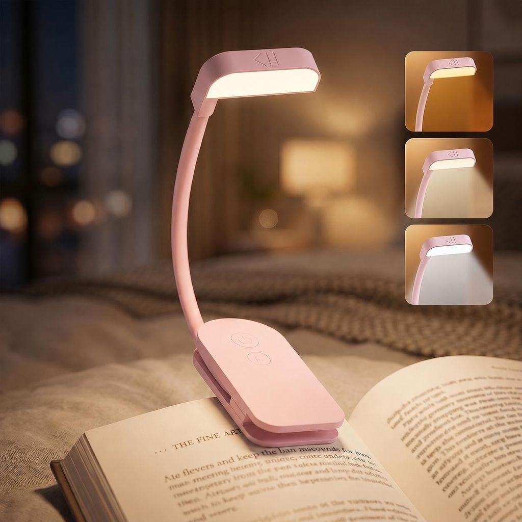 Leselampe Buch Klemme Aufladbar 3 Farbtemperatur Dimmbar Buchlampe Flexibel Leselicht Tragbar Klemmlampe Klemmleuchte, Rosa