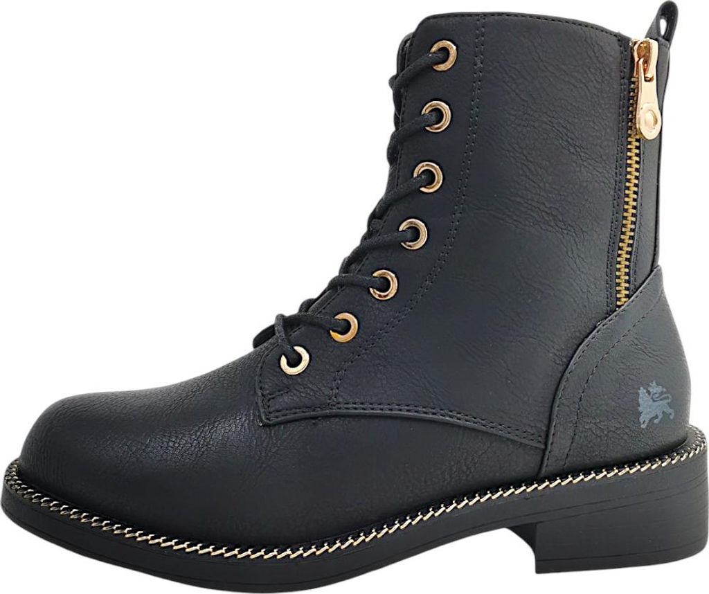 A black lace-up boot with a side zipper and gold accents.