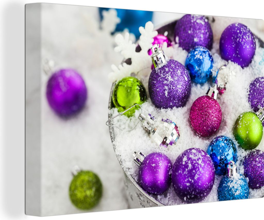 OneMillionCanvasses - Leinwandbilder - 140x90 cm, Weihnachtskugeln im Schneekübel, Wandbilder Kunstdruck Wanddekoration - Foto auf Leinwand - Ge...