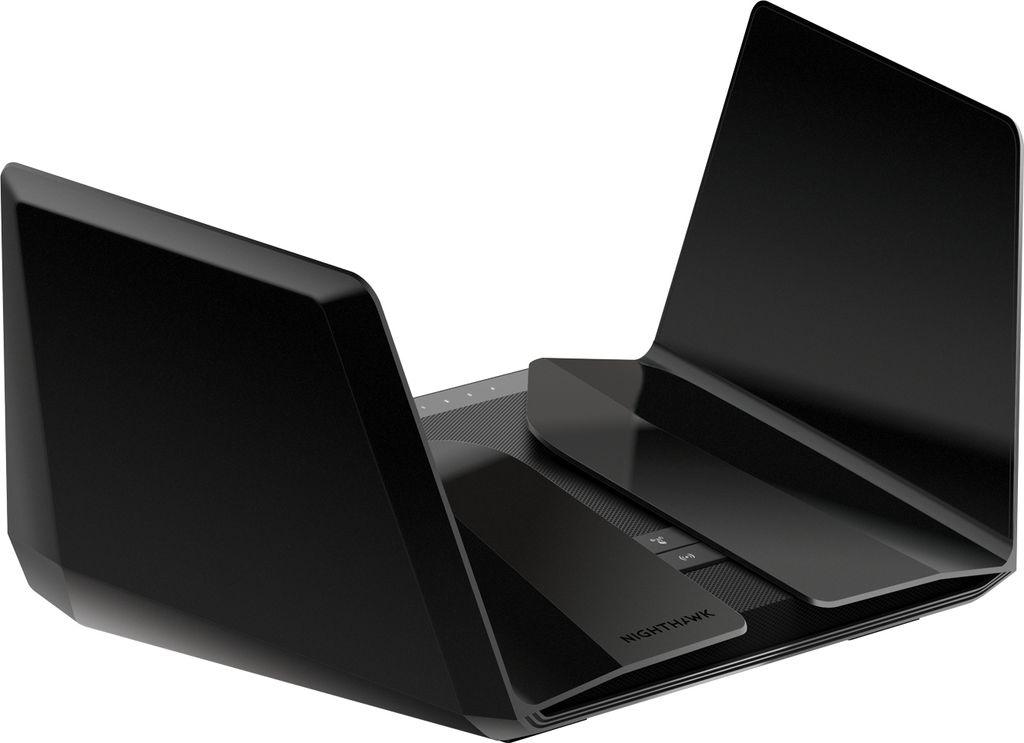 A black Netgear Nighthawk RAX120 wireless router is shown from a three-quarter angle against a white background.