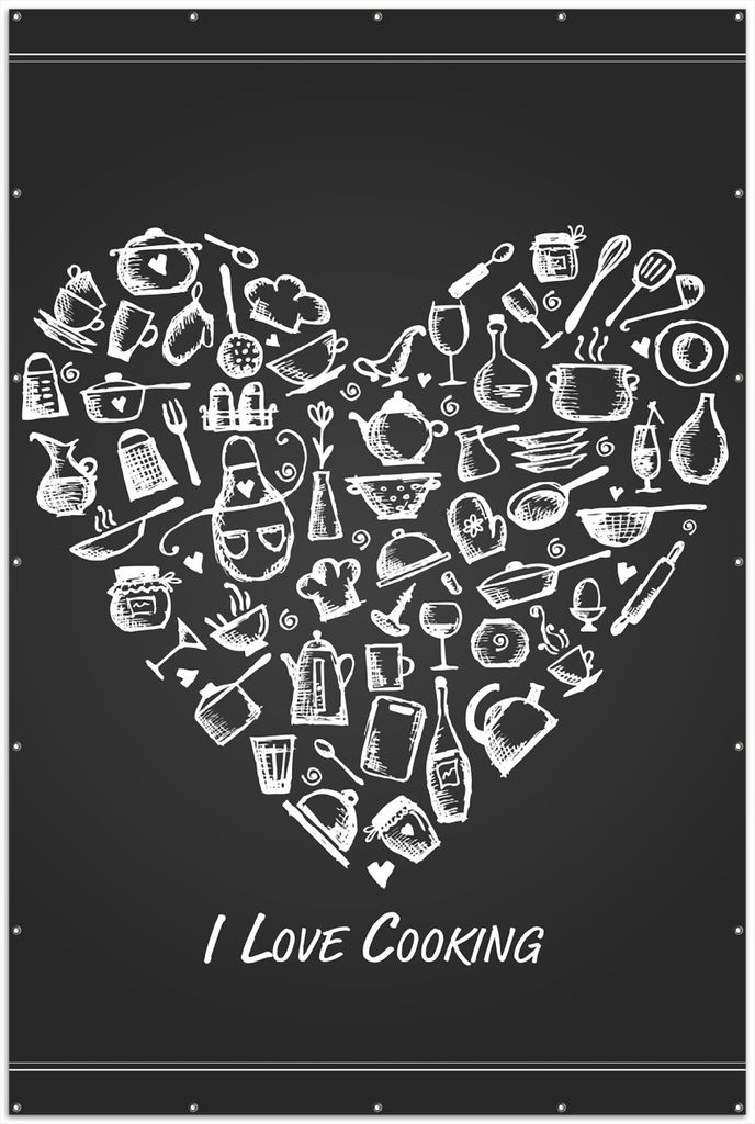Wallario XXL Outdoor-Poster für Garten oder Balkon, Motiv I Love Cooking - Herz aus Küchenutensilien in schwarz weiß, in ca. 300 x 200 cm