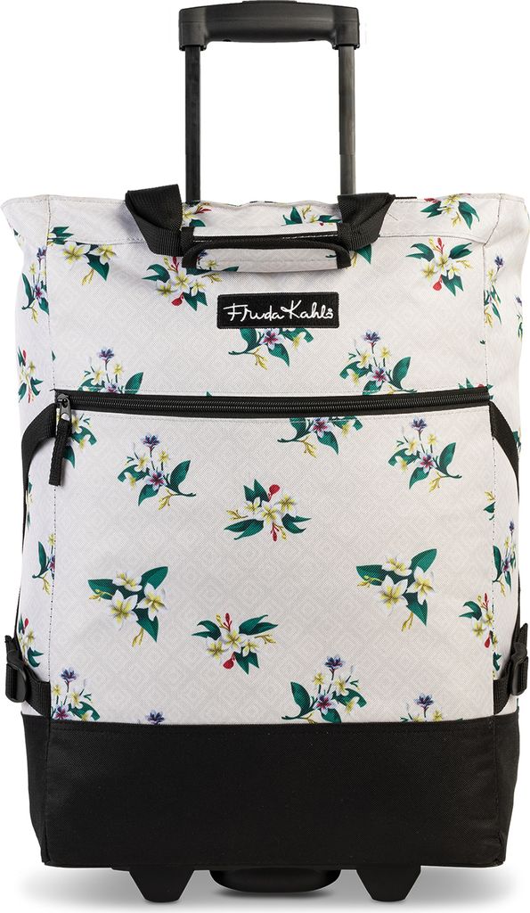 A wheeled bag with a floral pattern and a retractable handle.