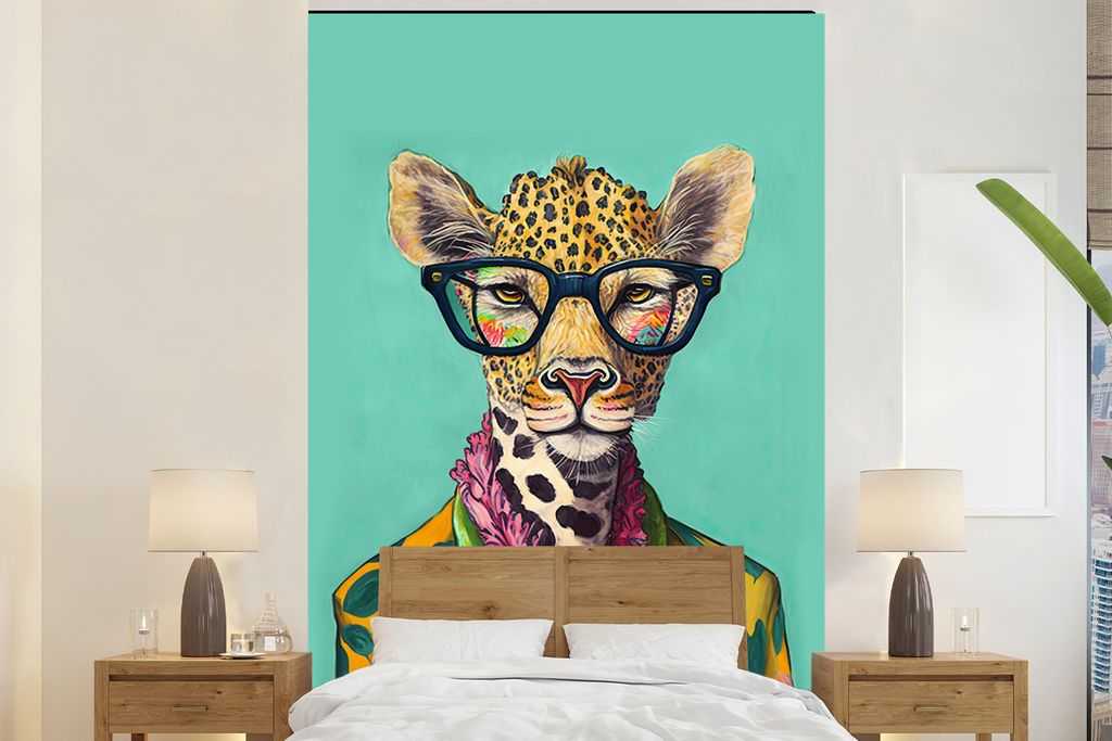 MuchoWow Fototapete für Wohnzimmer oder Schlafzimmer Wandtapete Vinyl Motivtapete Blätter - Brille - Giraffe - Tiere - Design - 160x240 cm - Vi...