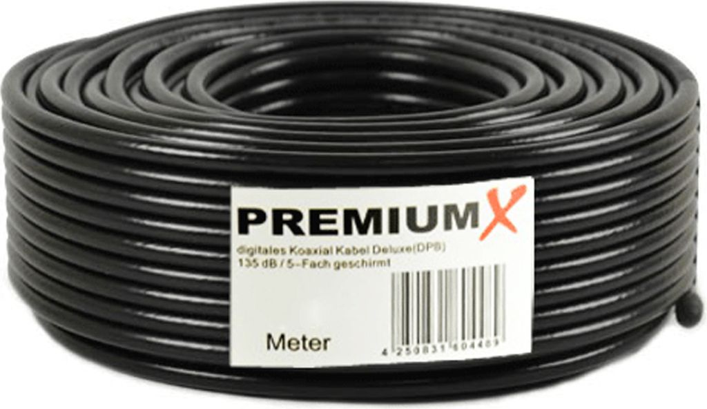 50m PremiumX DELUXE PRO Koaxial Kabel SCHWARZ 135dB 5-Fach geschirmt, reines Kupfer 50 Meter SAT Antennenkabel 135dB Neu