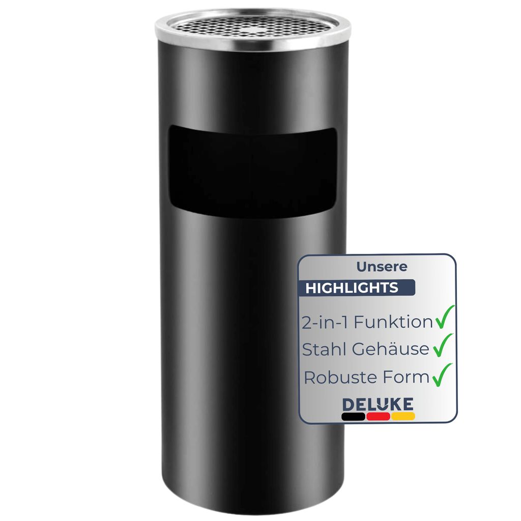 DELUKE Runder Standaschenbecher für Draußen 30L - 25x61cm Stahl | Mülleimer mit Aschenbecher Abfalleimer mit Inneneimer Standascher Outdoor, S...