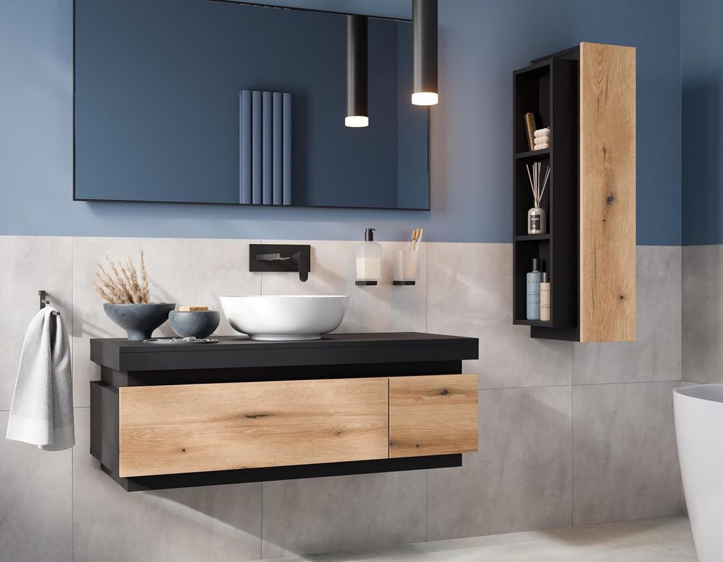 Easy4You Matt Schwarz/Eiche Set Badezimmermöbel Unterschrank SEYA 110 cm mit 2 Schubladen + Seitenschrank 30x100 cm Badschrank Badezimmerschrank