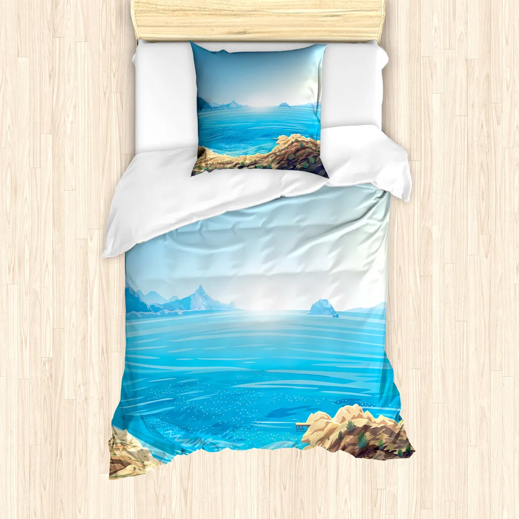 ABAKUHAUS Set copripiumino grafico per letti singoli, Seascape Cartoon, antiacaro, adatto a chi soffre di allergie, con federa, 135 cm x 200 cm - 80 x 80 cm, azzurro pastello marrone