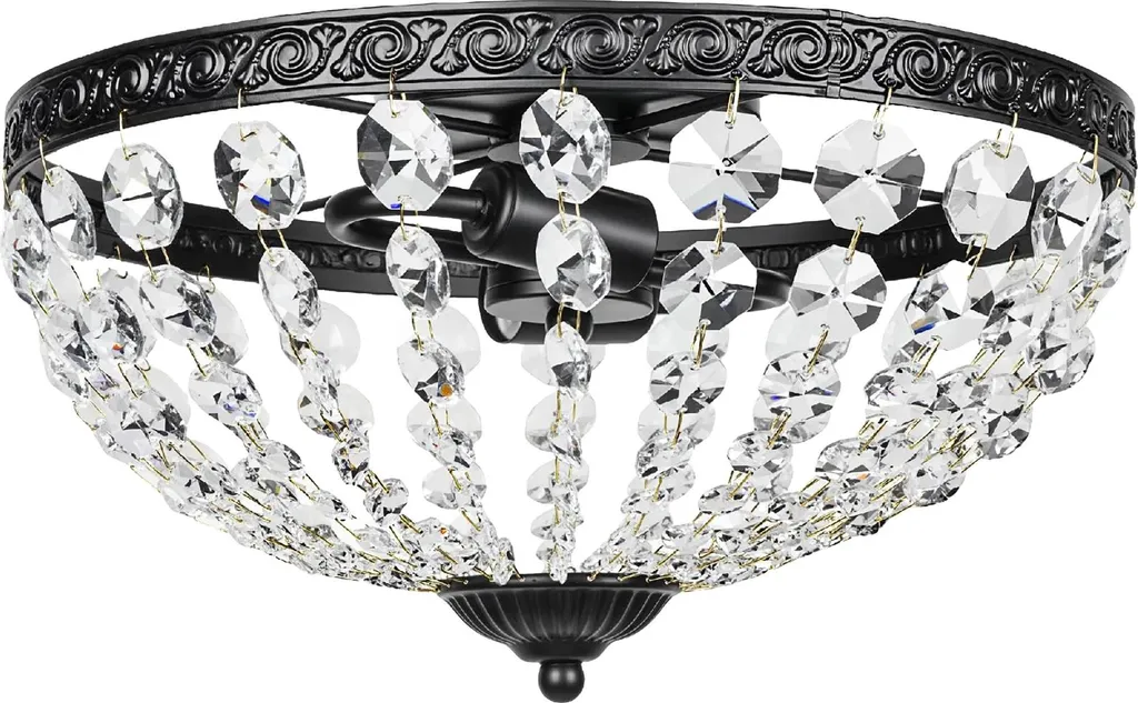 Plafonnier cristal salon et chambre, éclairage chic noir, 2x E14