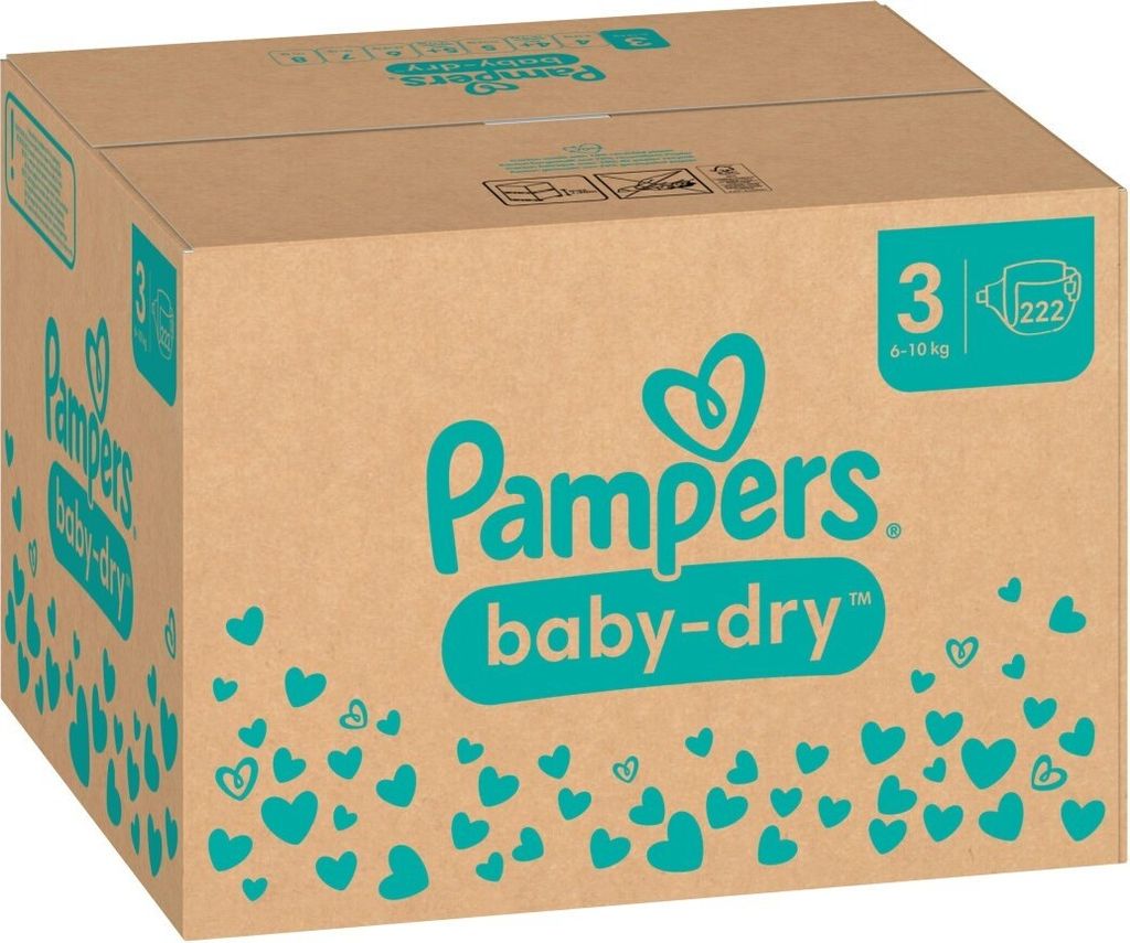 A cardboard box of Pampers baby-dry diapers.