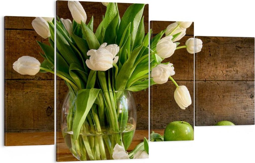 Bild auf Leinwand - Leinwandbild - Tulpen Apfel Blumenstrauß Frühling - 120x70cm - Wand Bild - Wanddeko - Leinwanddruck - Bilder - Kunstdruck - L...