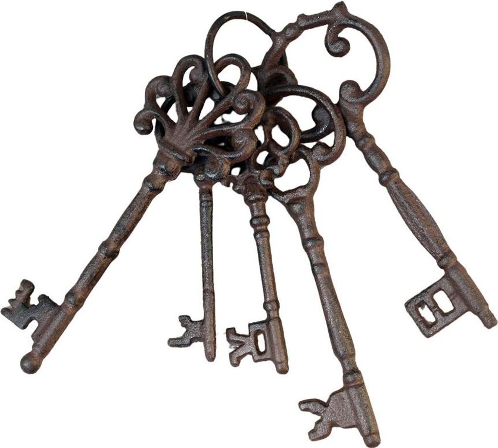 A cluster of antique-looking keys on a white background.