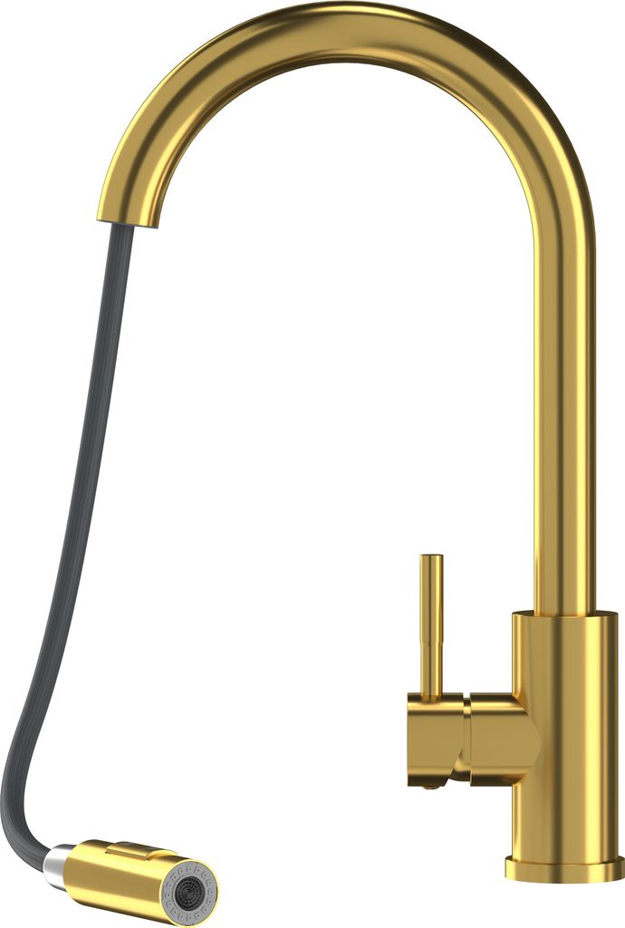 A gold kitchen faucet with a pull-out spray head is shown against a white background.