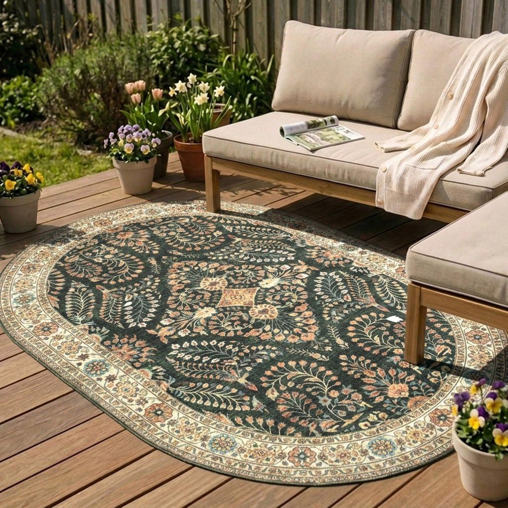 Volero - Vintage Gartenteppich Oval - Santo Flora Dunkelgrün - 160x230 cm - Wohnzimmer, Esszimmer, Garten / Terrasse - Boho, Klassik