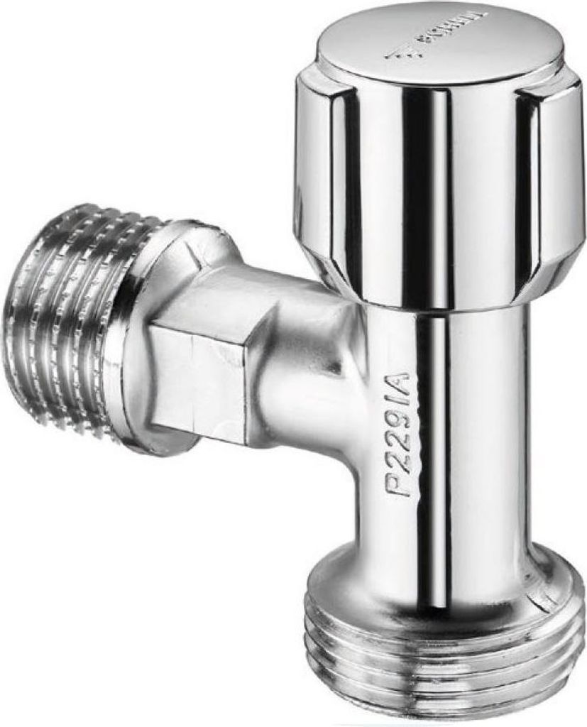 A chrome-plated plumbing valve on a white background.