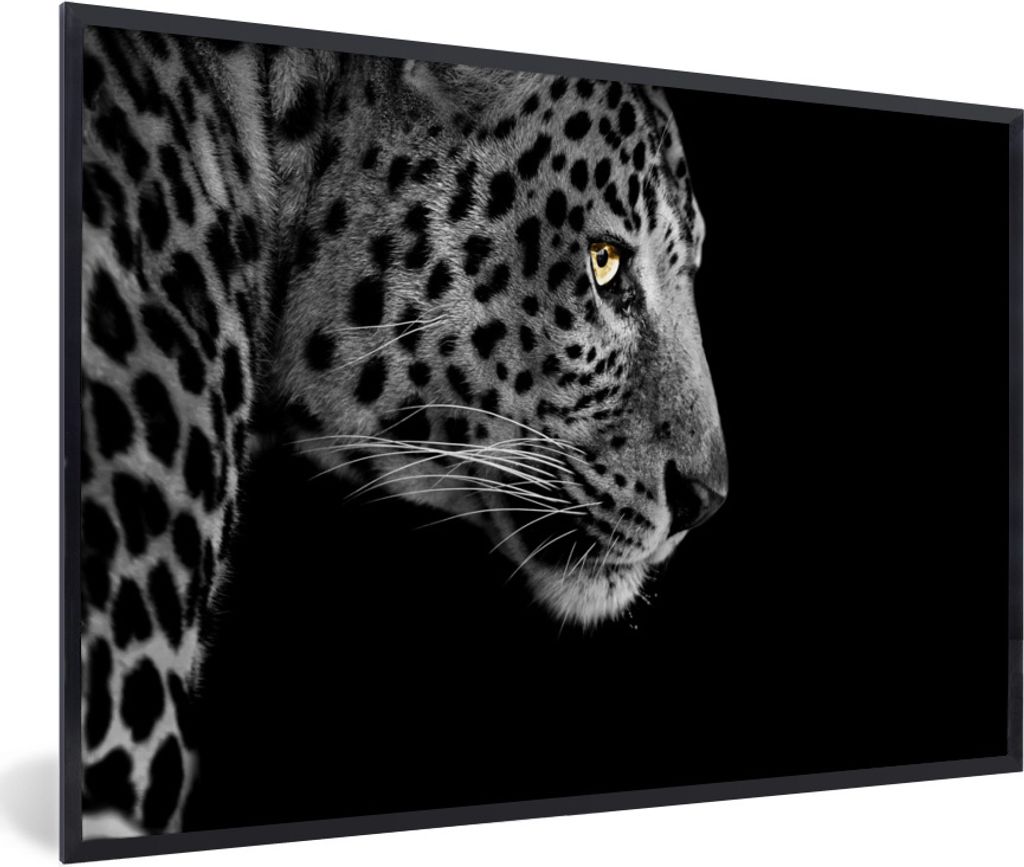 MuchoWow Gerahmtes Poster Leopard - Schwarz - Weiß - Pelz 30x20 cm - Poster mit Schwarzem Bilderrahmen Wandposter Rahmen Foto Bilder - Kunstdruc...