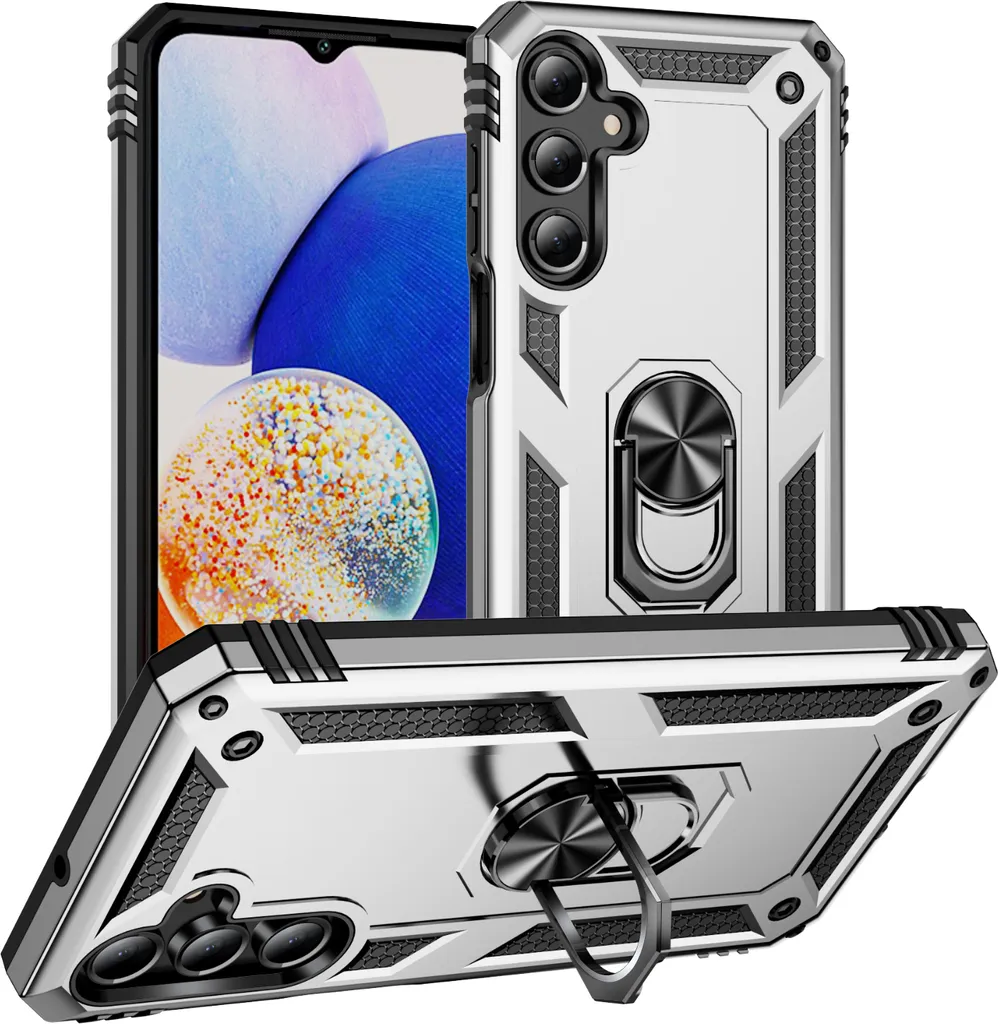Custodia per Samsung Galaxy A16 a doppio strato robusta, protezione militare con supporto ad anello e supporto Argento