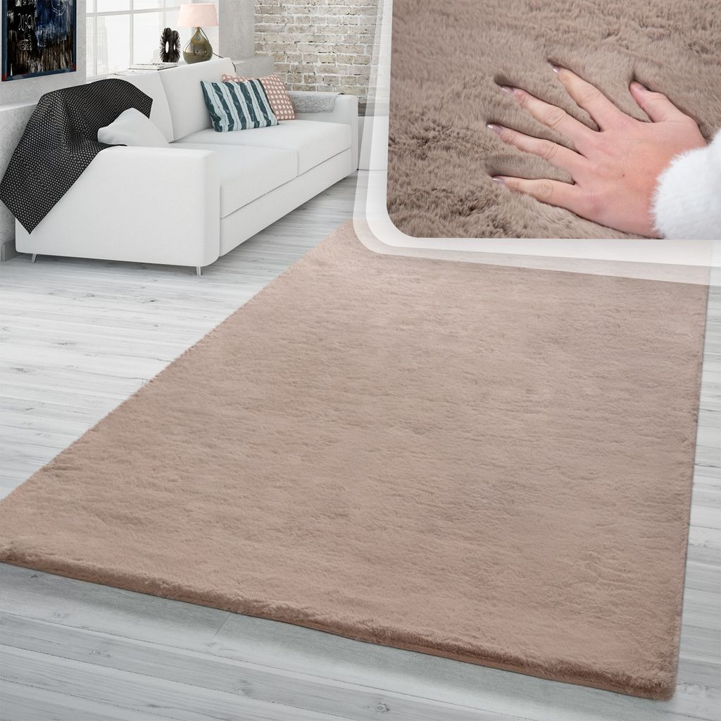 TT Home Hochflor Teppich Schlafzimmer Shaggy Kunstfell Flauschig Kaninchenfell Imitat In Beige Größe 140x200 cm
