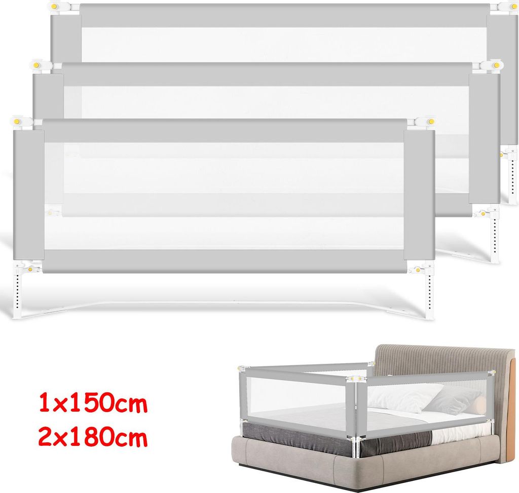Jayseuw 3x Bettgitter Bettschutzgitter Kinderbettgitter klappbarer Babybettgitter Rausfallschutz für Kinder- & Elternbetten Bett Grau (2x180cm+1x1...