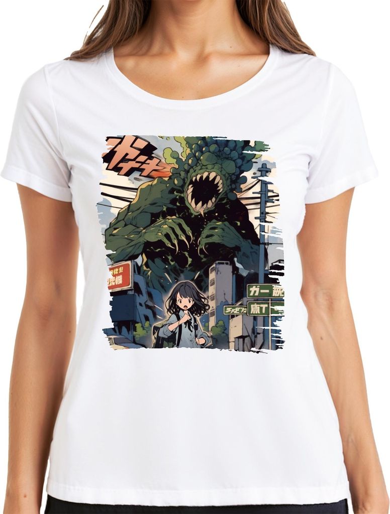 Kaiju Angriff Schulmädchen Monster Apokalypse Stadt Anime Manga Damen T-Shirt, Weiß, S