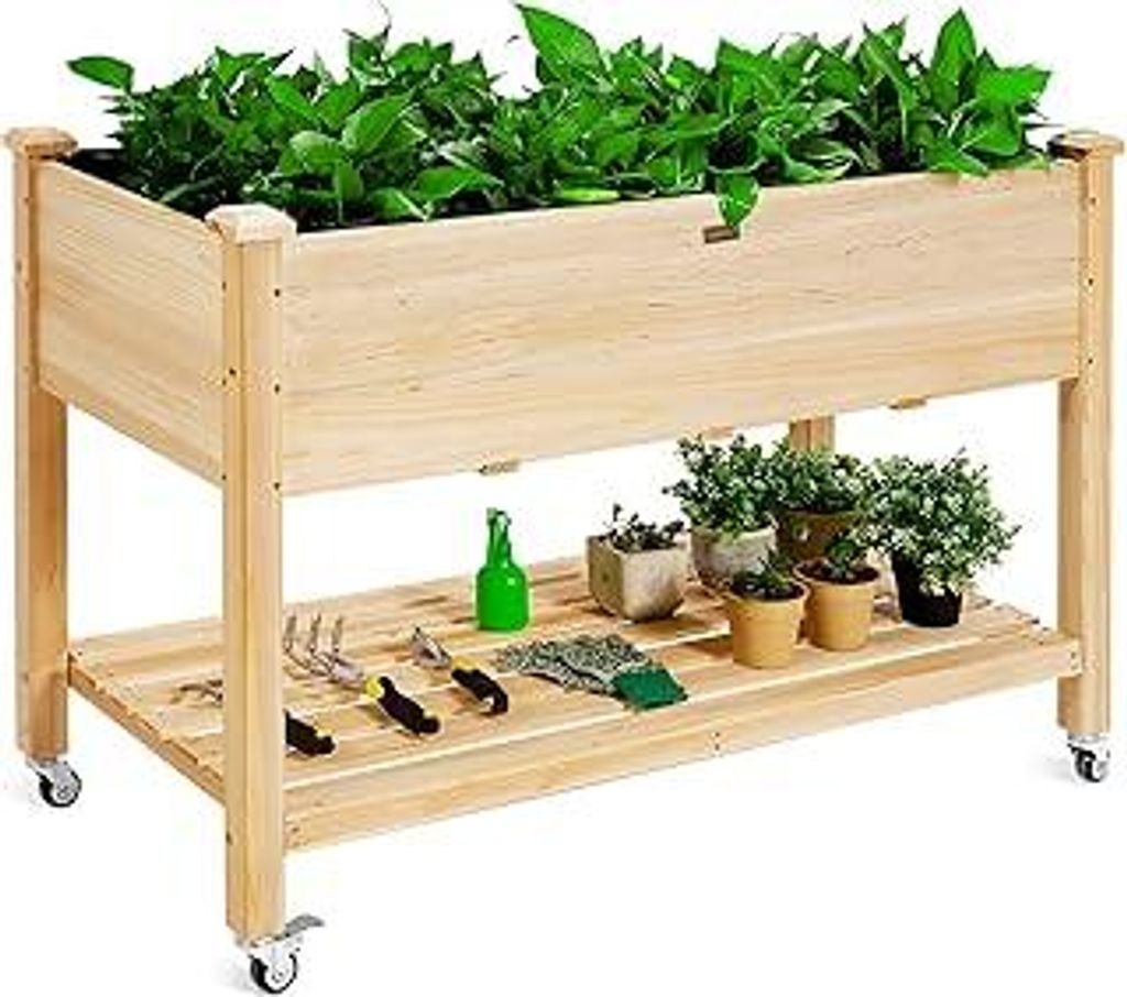FANTASK Hochbeet aus Holz mit Ablage & Rollen, Erhöhtes Gartenbeet, Pflanzkasten mit feststellbaren Rädern & Abdeckfolie, Natur