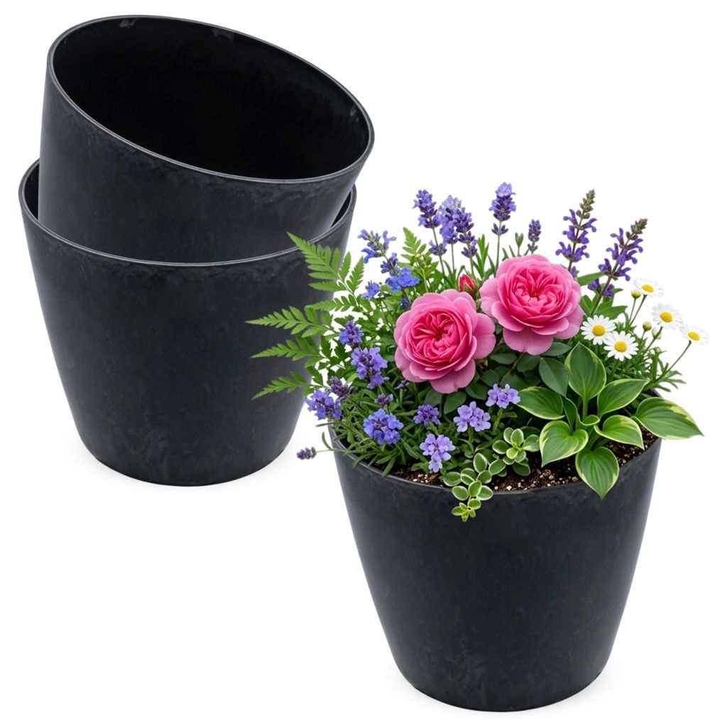 3.10 Pflanztöpfe im 3er Set massiv aus Kunststoff - jeweils ca. Ø 16 x 14 cm - Pflanztopf rund in schwarz marmoriert (3 Stück)