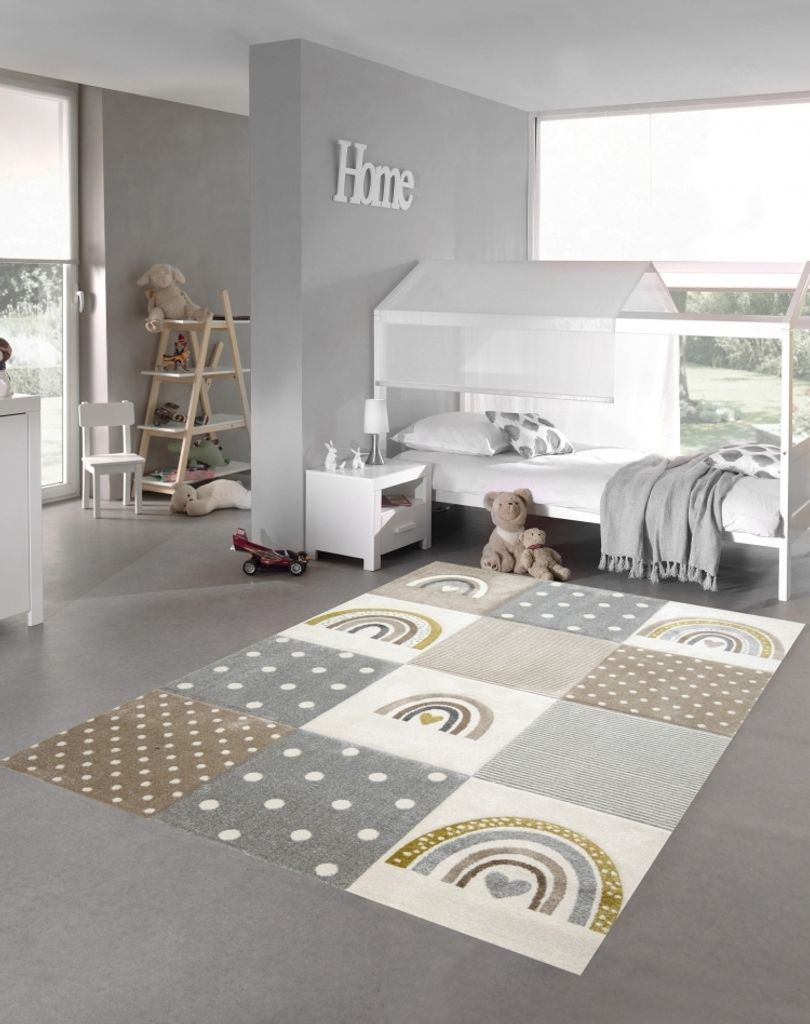 Kinderteppich Regenbogen Karo beige grau creme Größe - 140 x 200 cm