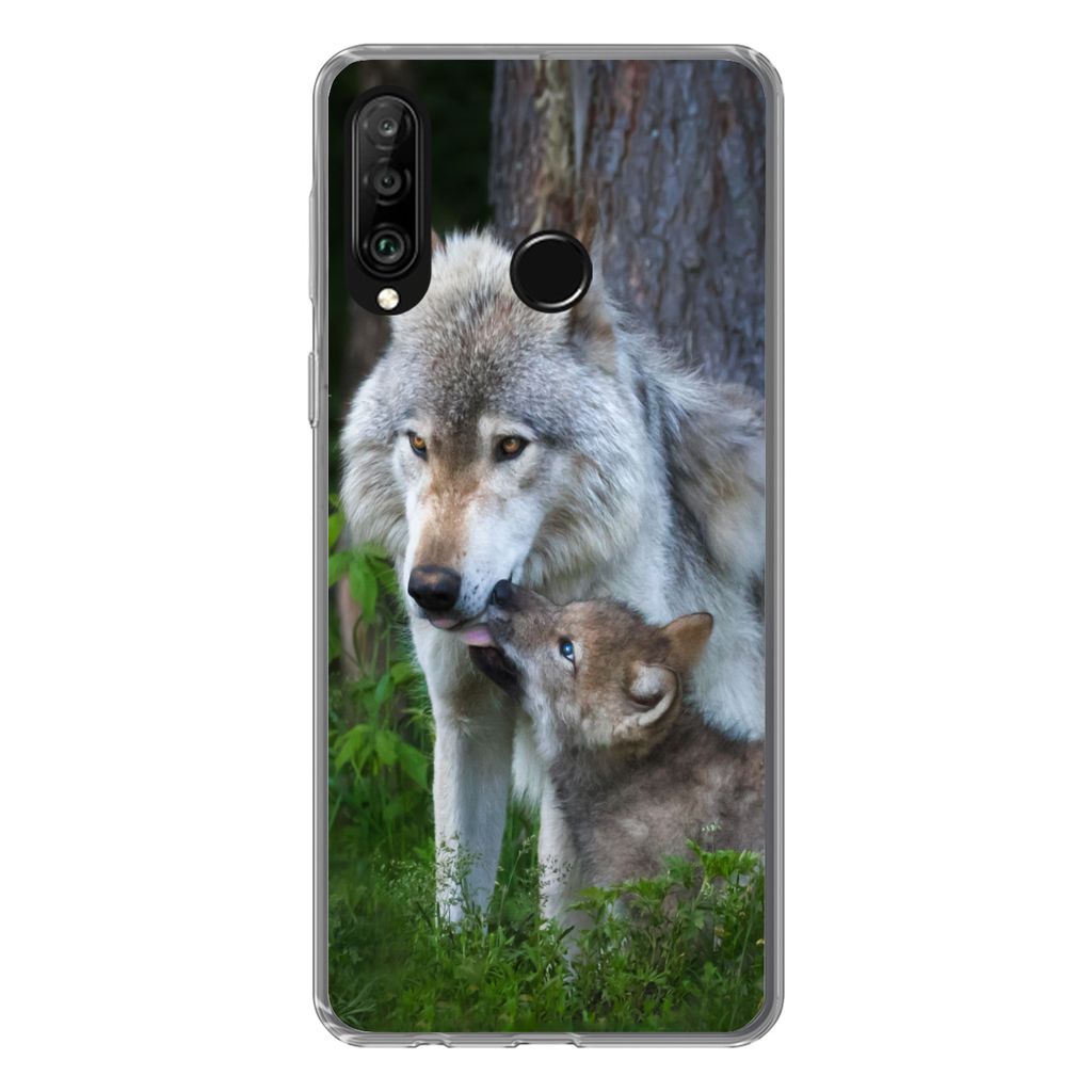MuchoWow Handyhülle Schutzhülle Hülle für Huawei P30 Lite Wolf - Moos - Wald - Welpe Silikon Softcase Handy Hülle - Handyhülle