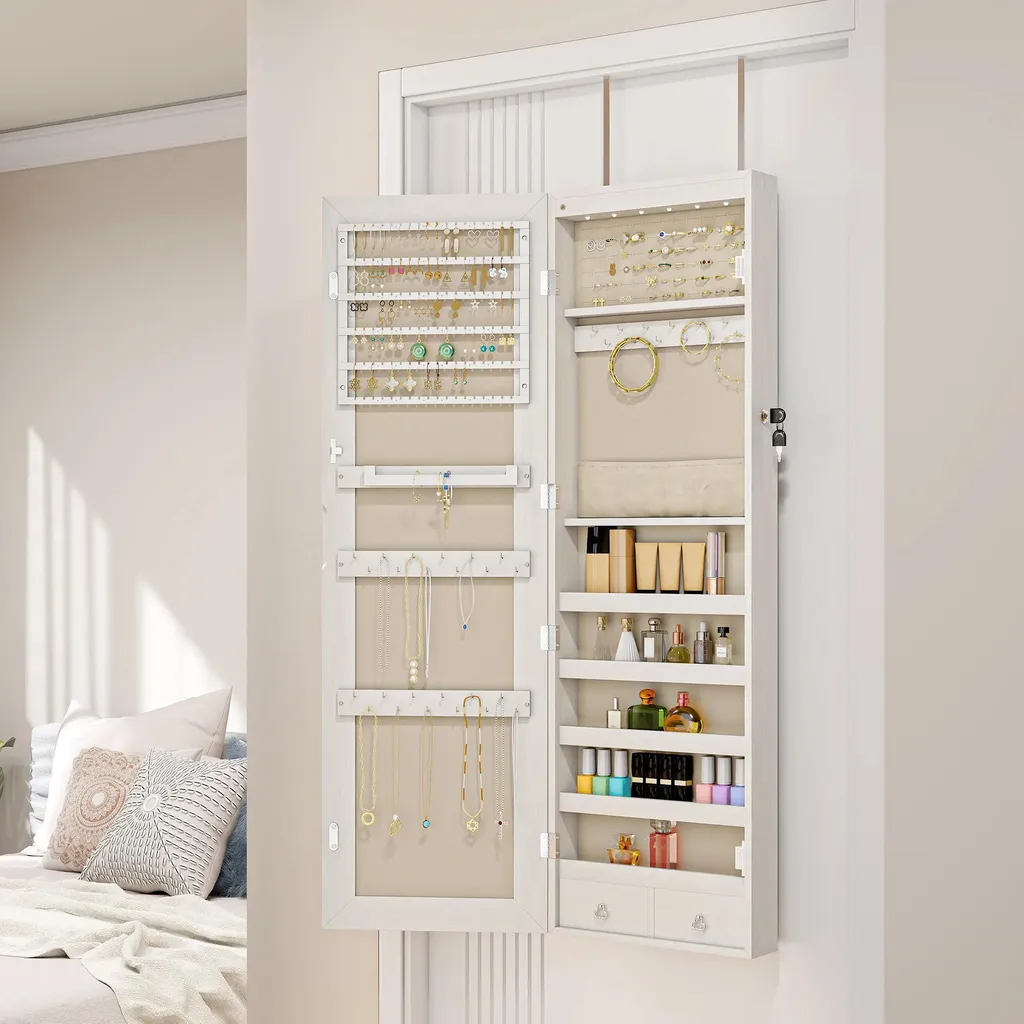 Miroir psyché armoire à bijoux murale blanche avec éclairage LED doux