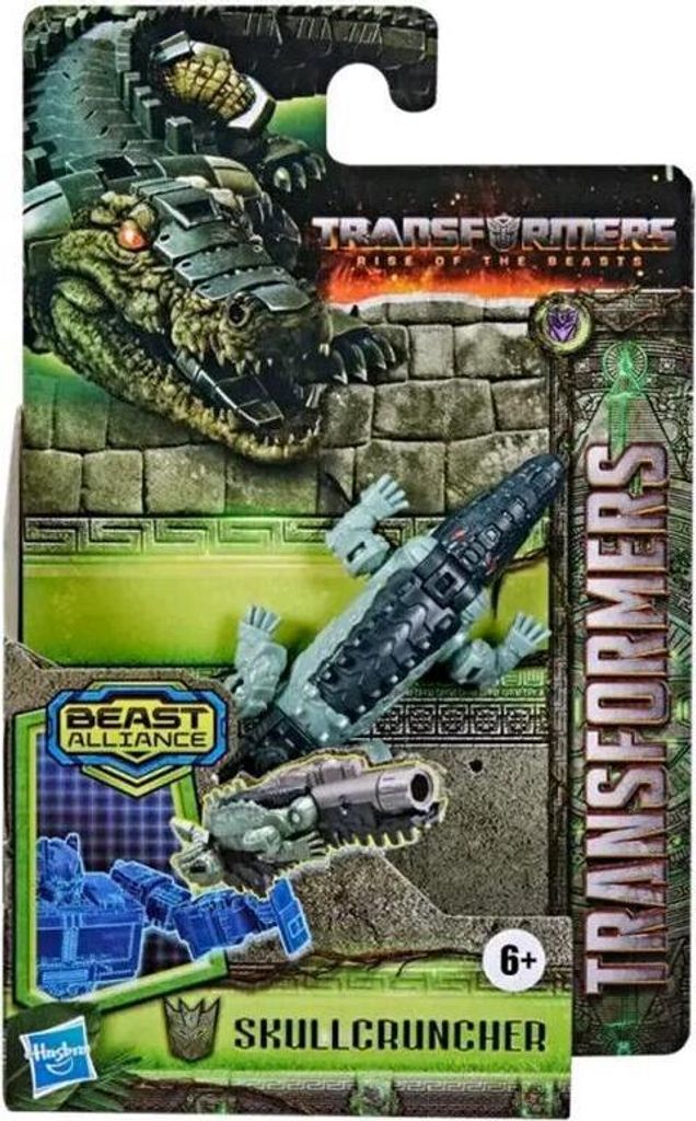 The image shows the packaging for a Transformers Rise of the Beasts toy, specifically the 'Skullcruncher' figure. The packaging features artwork of a robotic alligator and the toy itself in both robot and beast modes.