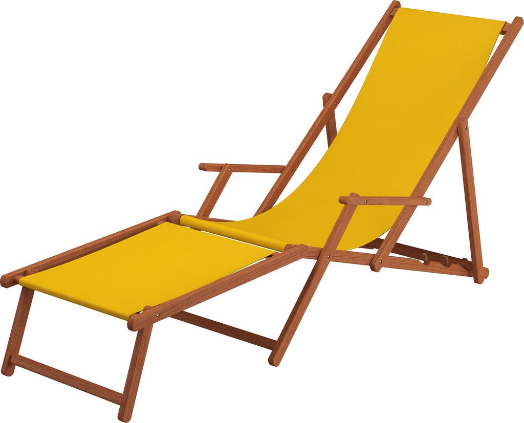 Gartenliege Liegestuhl gelb Fußablage Tisch Kissen Deckchair Holz Sonnenliege Buche 10-302FTKH