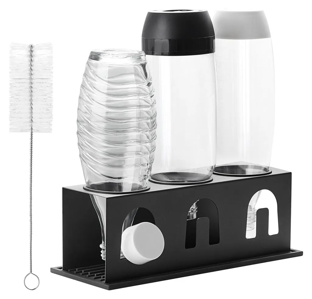 Support bouteilles Sodastream avec bagues de protection et tapis égouttoir