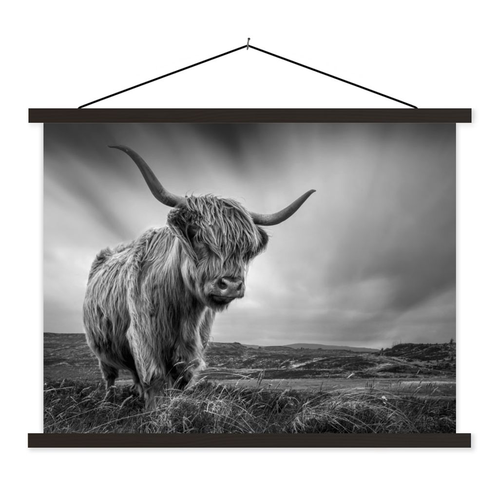 MuchoWow Textilposter Kühe - Schottische Hochlandkühe - Natur - Tiere - Schwarz und weiß 150x113 cm mit holzfarbenen Rahmen - Poster