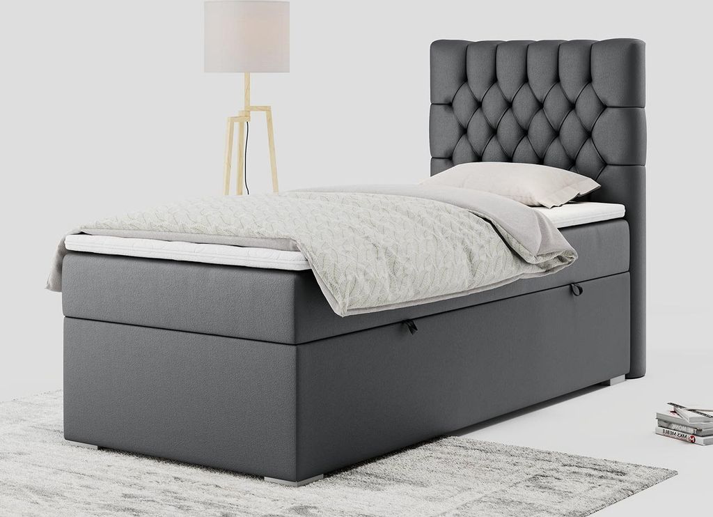 Einzelbett - Boxspringbett 90x200 mit Bettkasten und Matratzentopper - PERA 90 - rechts - Dunkelgrau - H3