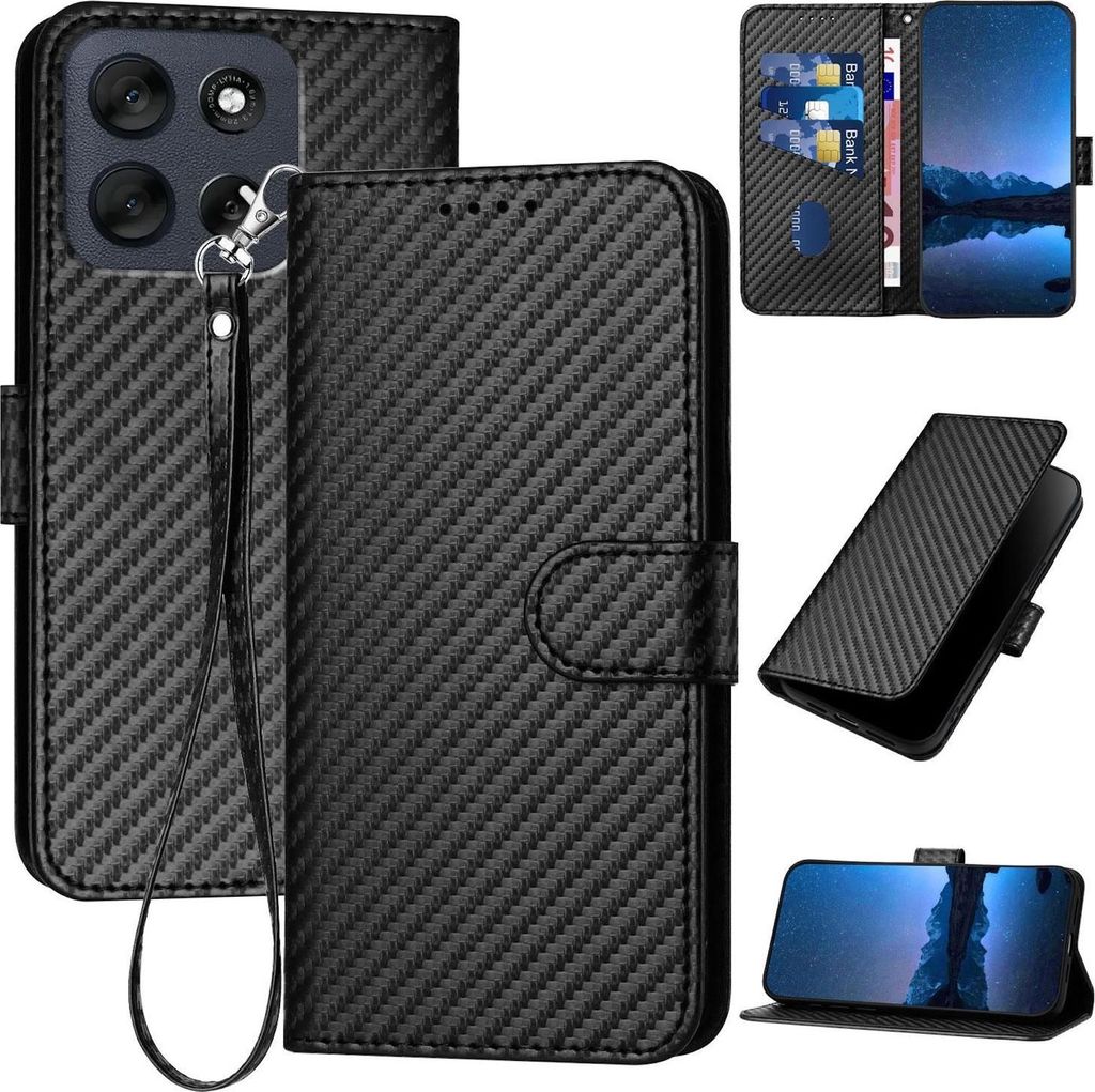 Für Motorola Moto G56 5G Carbon Fiber Design Kunstleder Hülle Tasche mit Lanyard Schwarz