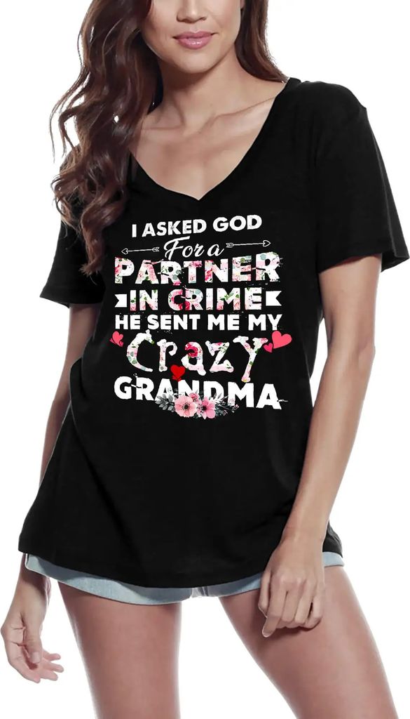 Damen Grafik T-Shirt V-Ausschnitt Ich bat Gott um einen Komplizen und er schickte mir meine verrückte Oma - Oma Oma – I Asked God For Partner In...