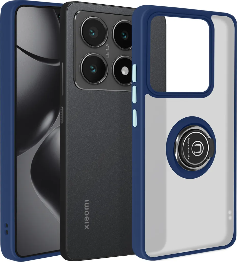 Avizar, custodia per cellulare per Xiaomi 14T anello in metallo, supporto video, blu scuro