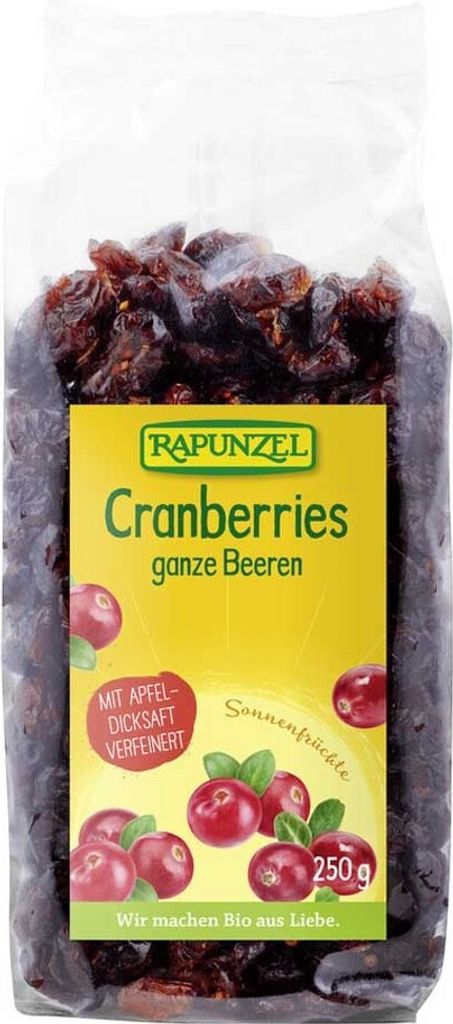 A bag of dried cranberries with a yellow label.