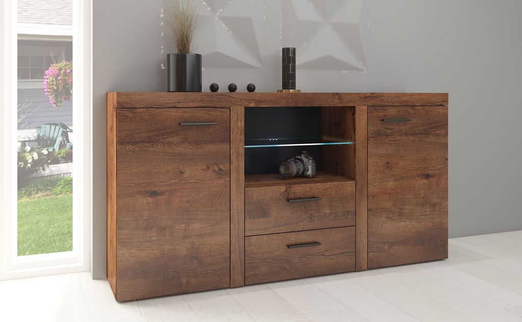 Kommode RUMBA 2D 2S 157x82x41 Wohnzimmer Sideboard mit 2 Türen mit Schubladen Eiche Lefkas